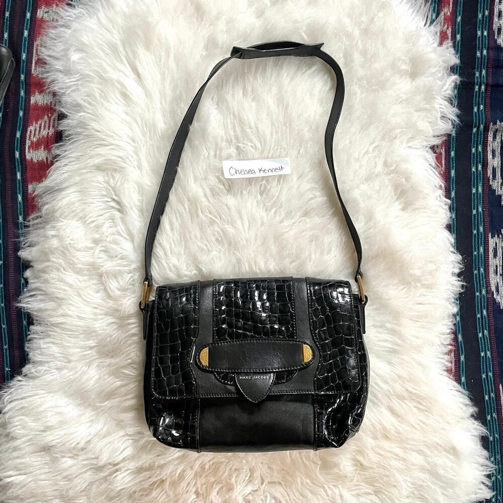 Marc Jacobs Black Leather Croc Embossed Shoulder Flap Bag